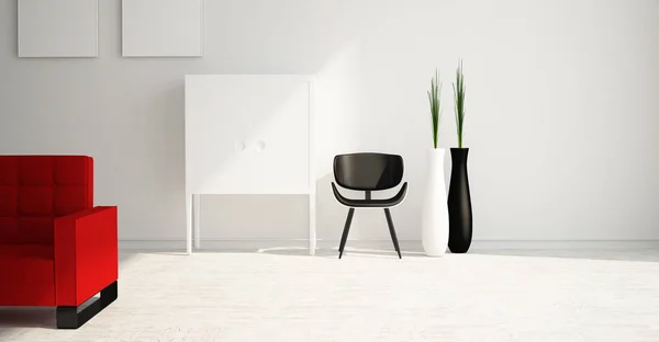 Modern Minimalist Bright Interior Living Room Red Sofa White Furniture — Stock Photo, Image