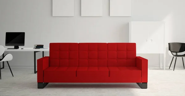 赤いソファと白い家具リビング ルームのモダンでシンプルな明るいインテリア レンダリング — ストック写真