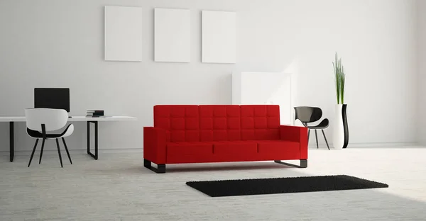 Modernes Und Minimalistisches Helles Wohnzimmer Mit Rotem Sofa Und Weißen — Stockfoto