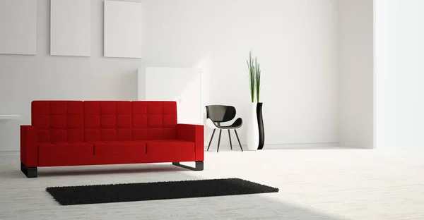 赤いソファと白い家具リビング ルームのモダンでシンプルな明るいインテリア レンダリング — ストック写真