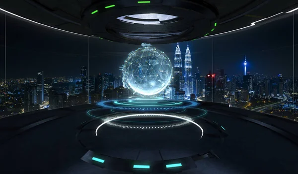 Futuristic Interior Design Empty Space Room Virtual Globe Connected Dots — Stock Photo, Image