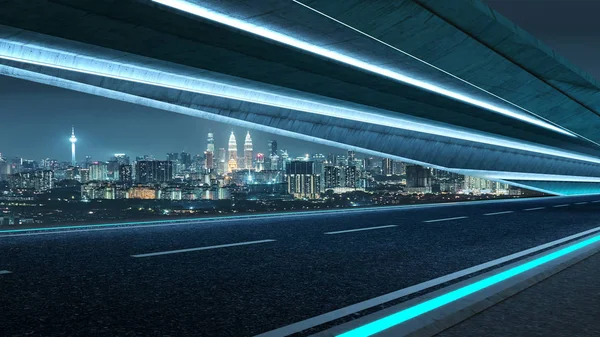 未来主义风格的公路与蓝色霓虹灯和城市景观背景 — 图库照片