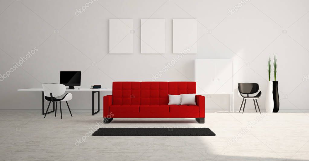 Modern and minimalist bright interior of living room with red sofa and white furniture. 3d rendering