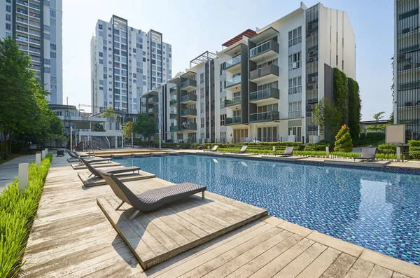 Modern residential buildings with outdoor facilities, Facade of new low-energy houses .