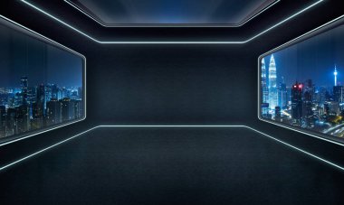 Büyük pencereler ve şehir kentsel peyzaj ile modern showroom fütüristik iç tasarım