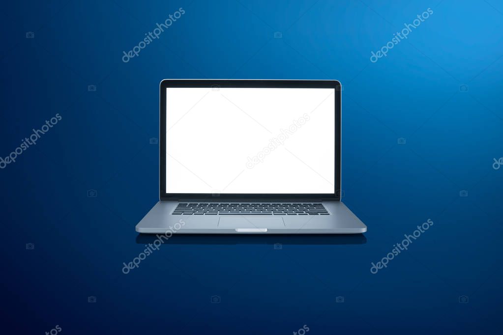 Isolated laptop with empty space on blue background . white blank screen for design template 
