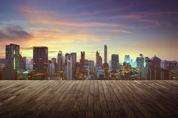 Bangkok Urban Cityscape Golden Hour Empty Wooden Floor Front — Stock Photo, Image