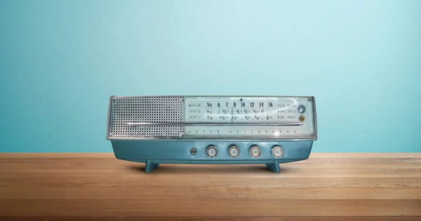 Old Antique Stereo Radio Isolated Wood Table Mint Blue Background — Stock Photo, Image