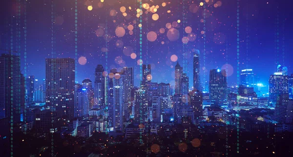 Inteligentne Miasta Bezprzewodowej Technologii Połączenia Sieci Tło Miasta Bangkok Nocą — Zdjęcie stockowe