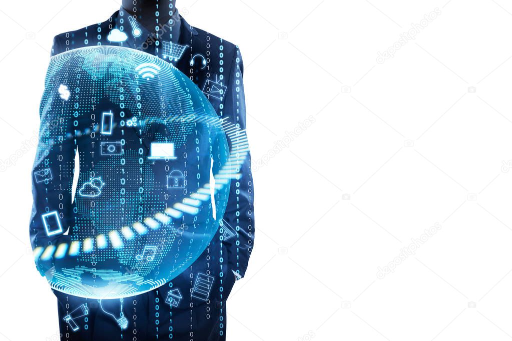 Businessman standing and thinking with graphs, binary, virtual earth . Internet of things concept . Double exposure effects apply .