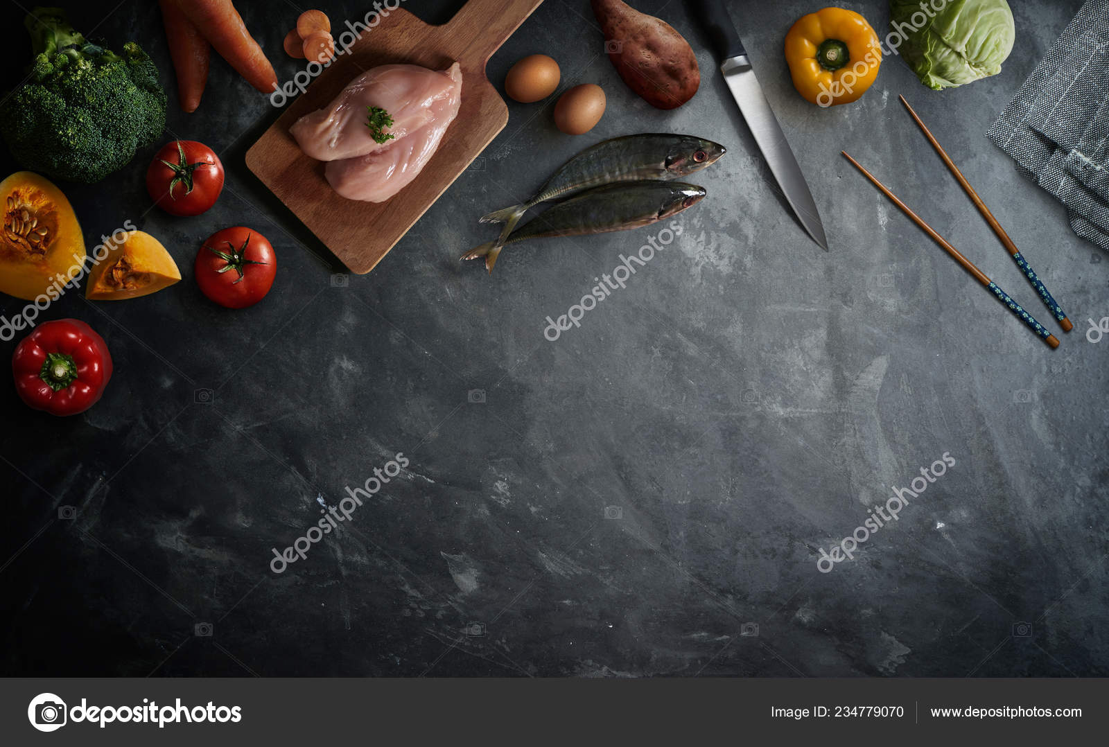 Various Healthy Raw Food Ingredients Ready Cooking Cement Background  Delicious Stock Photo by ©jamesteohart 234779070