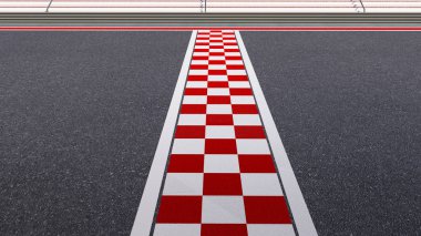 Düşük açılı yan görünümü boş asfalt uluslararası yarış pisti ile başlangıç ve bitiş çizgisine. 3D render .