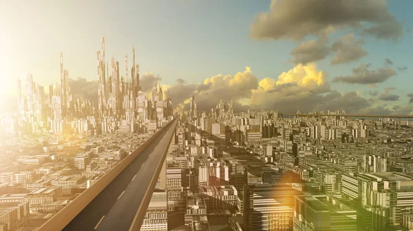Autobahnüberführung Mit Futuristischem Science Fiction Stadt Und Geschäftshaus Darstellung — Stockfoto