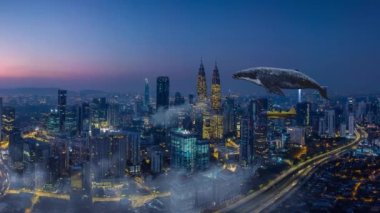 İki küçük kız fantezi balina City ile uçakta uçan