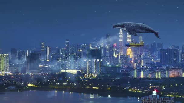 Två Små Systrar Flyger Planet Med Fantasy Whale City — Stockvideo