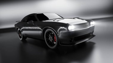 Siyah bir arka planda genel siyah brandless Amerikan kas araba ön açı görünümü. Ulaşım konsepti. 3D Illustration ve 3D render.