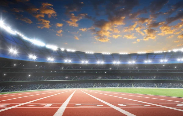 Sportovec Běžecké Dráze Číslem Startu Stadionu Večerní Scéna — Stock fotografie