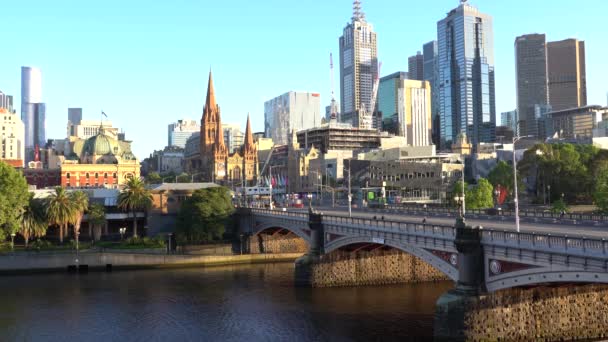 Panoráma Kilátás Gyönyörű Melbourne Városkép Városkép Napkeltekor Ausztráliában — Stock videók