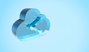 Mavi arkaplanda veri paylaşım simgesi izole edilmiş 3d dijital tekno şeffaf cam bulut sembolü
