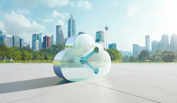 Transparent Glass Symbol Cloud Data Share Icon Floor Green City — Stock Photo, Image