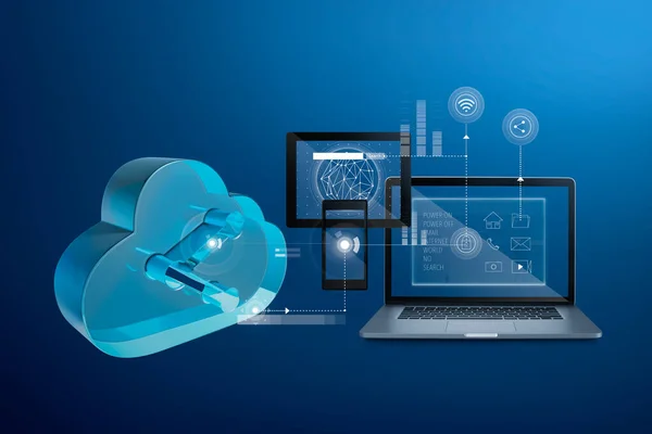 Cloud Speichertechnologie Konzept Mit Computer Digitalem Tablet Smartphone Und Upload — Stockfoto