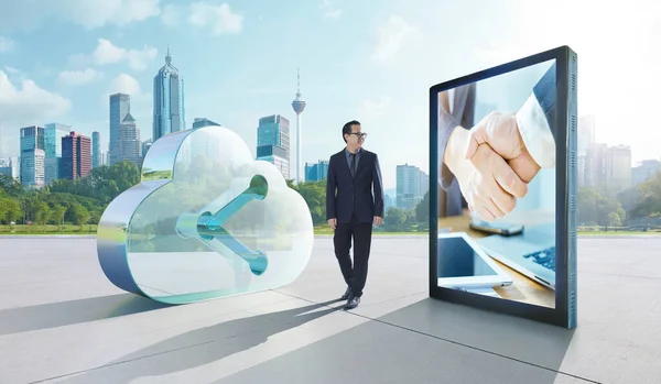 Young Asian Businessman Walking Transparent Glass Symbol Cloud Storage Big — Stock Photo, Image