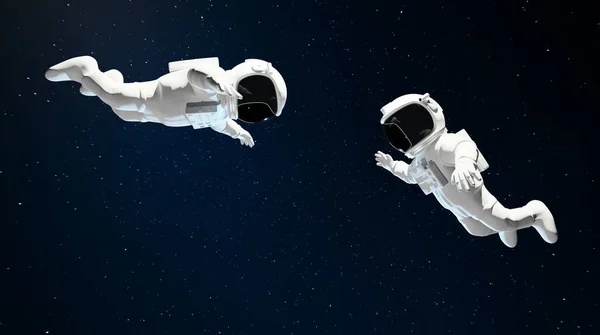 Two Floating Astronaut Helping Each Other Outer Space Rendering — Stock Photo, Image