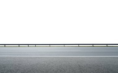 Asphalt road and railings isolated on white background. Side angle view clipart
