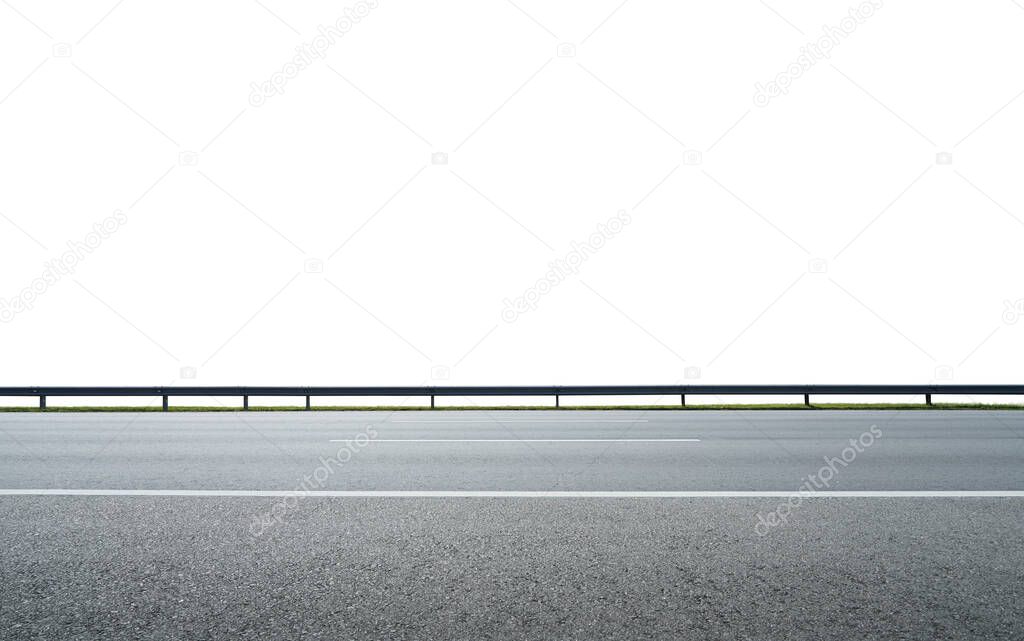 Asphalt road and railings isolated on white background. Side angle view