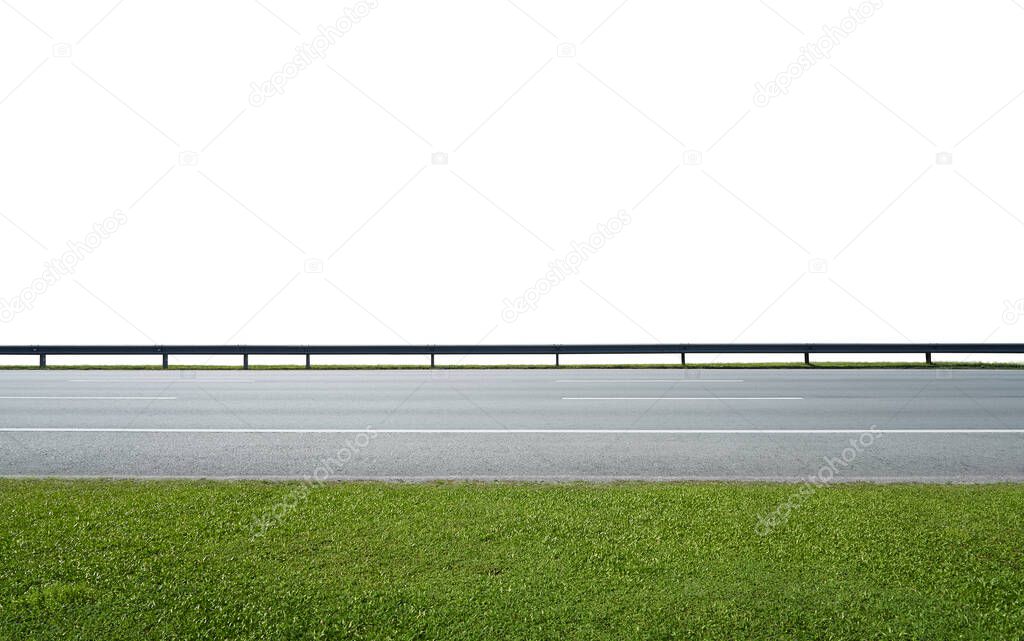 Asphalt road with railings and green grass isolated on white background with clipping path.