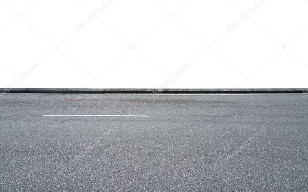 Asphalt road isolated on white background with clipping path. Side angle view