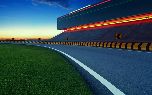 Vista Nocturna Pista Carreras Asfalto Vacía Con Auditorio Representación Medios — Foto de Stock