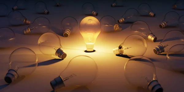 1つの輝く透明な電球は 電球から際立っています スマートリーダーシップの概念 3Dレンダリング — ストック写真