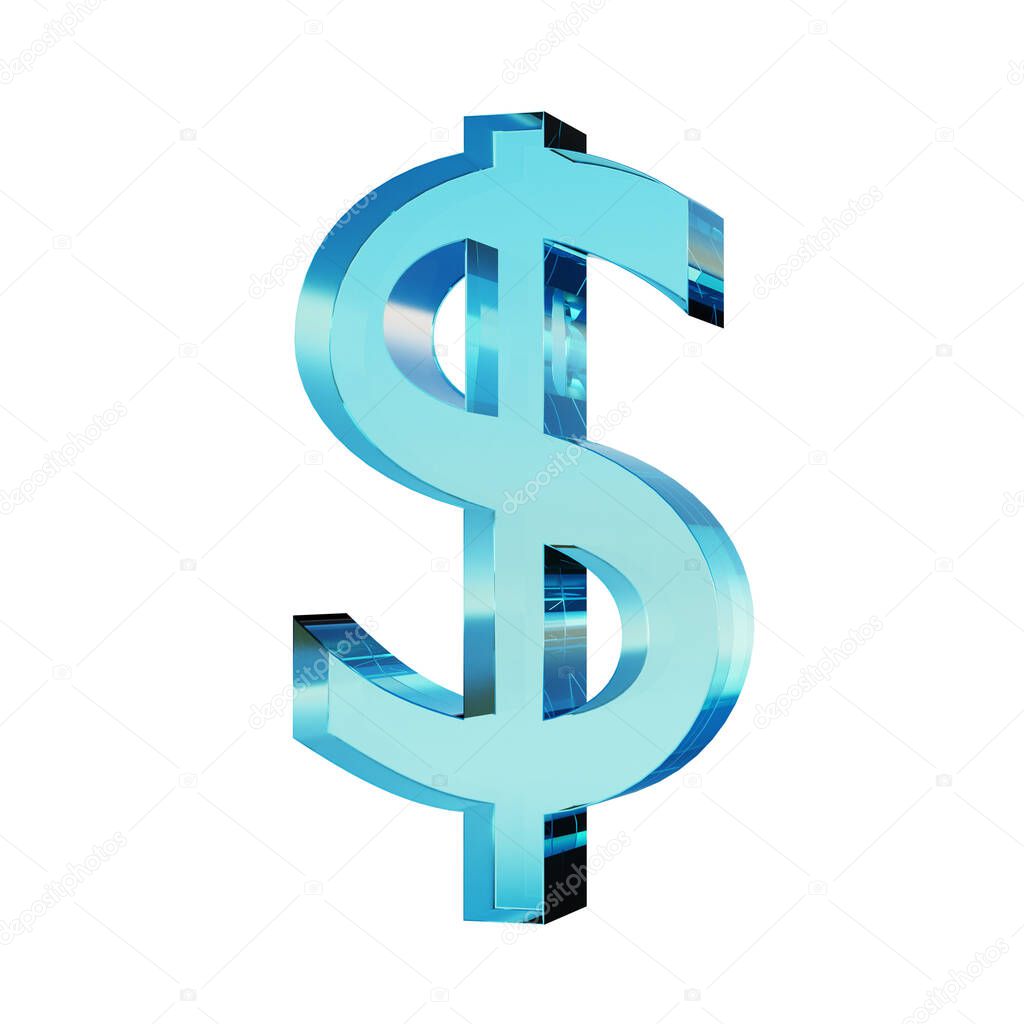 Blue transparent glass dollar symbol isolated on white background. Success in business and finance concept. 3d rendering