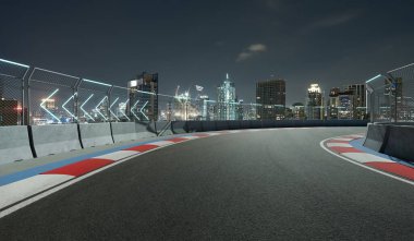 Gece manzaralı modern uluslararası yarış pisti raylı ve şehir arkaplanlı. 3d oluşturma