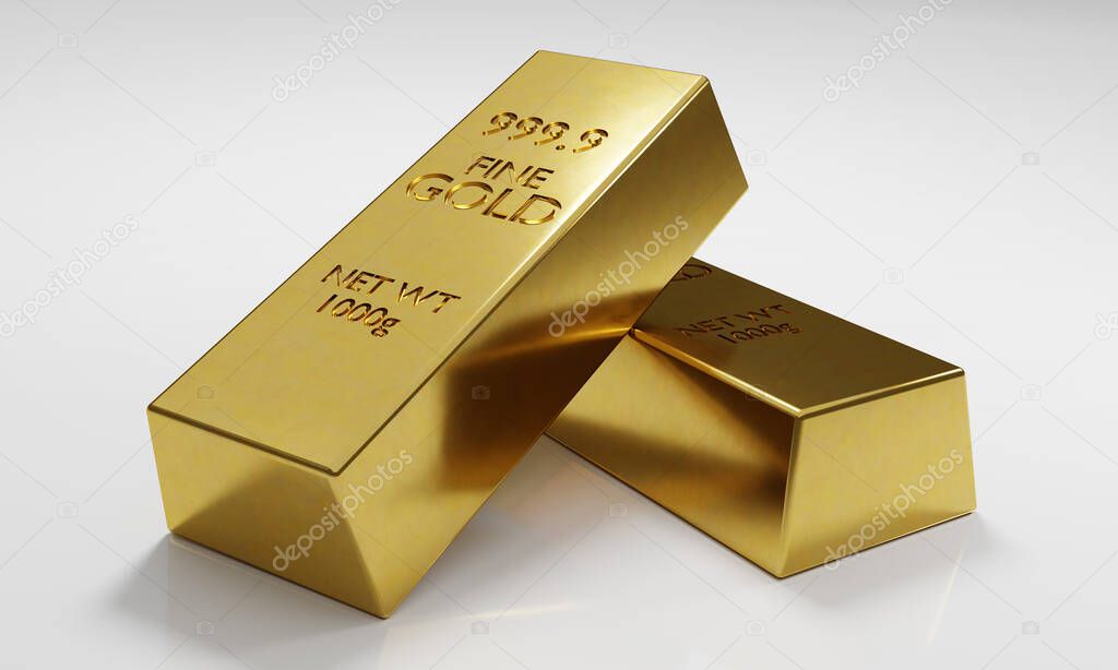Two Gold bars isolated on white background. Success in business and finance concept. 3d rendering