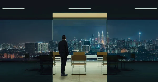 Businessman Standing Office Watching City Night View Business Ambition Vision — Stock Photo, Image