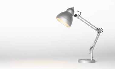 Beyaz arka planda izole edilmiş gümüş metal masa lambası, kırpma yolu dahil. 3d oluşturma