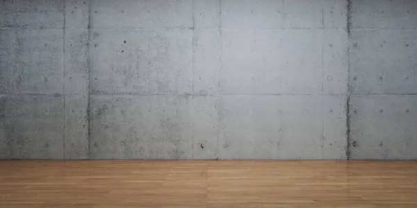 屋内産業スタイルのコンクリート壁と木製の寄木細工の床のパノラマビュー — ストック写真