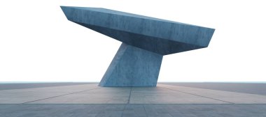 Modern beton heykel, soyut boş bir alanda, fayanslarla döşenmiş bir zeminde duruyor. Beyaz arkaplan, 3D görüntüleme.