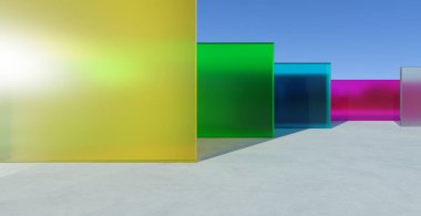 Mavi gökyüzünün altındaki beton zeminde yükselen yükselen yükseklikte renkli buzlu cam panellerin 3D görüntülenmesi