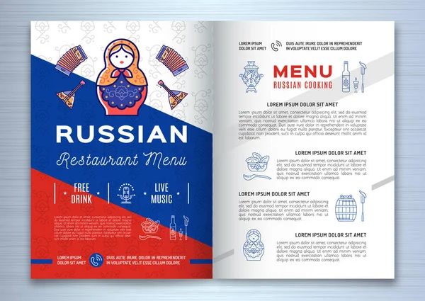 Russian food brochure Restaurant menu. Traditional russian icons - food and drink, vodka, flag, doll matryoshka, samovar
