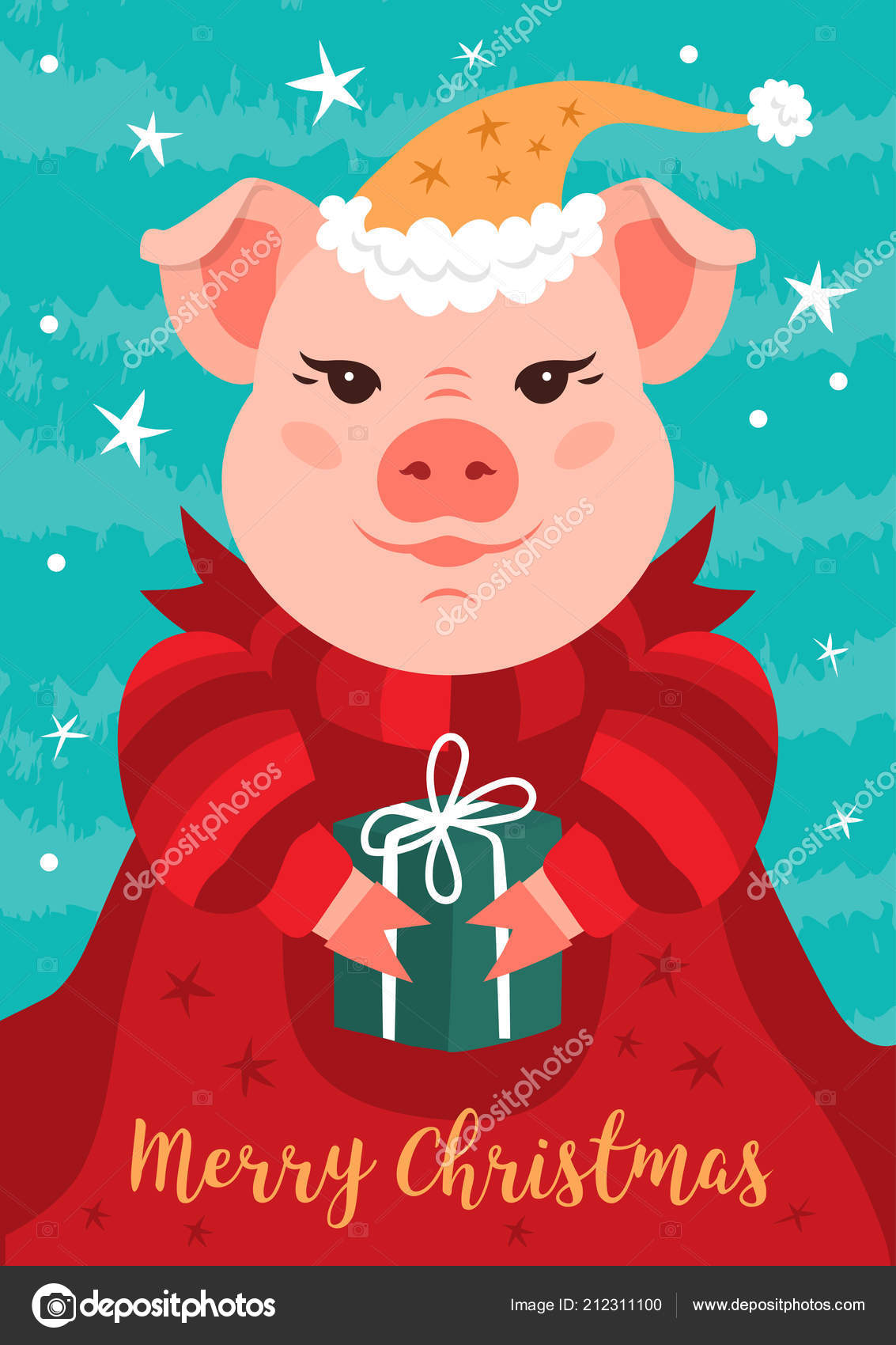 Merry Christmas Card Funny Christmas pig A cartoon pig in a red Santa Claus hat holds a t a turquoise background and snowflakes