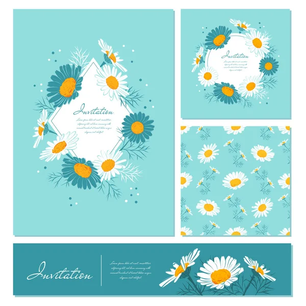 Flowers cards set Chamomile background Daisy wreath. Elegant floral cards with text space.Blooming daisies on a gentle turquoise background. Vector illustration