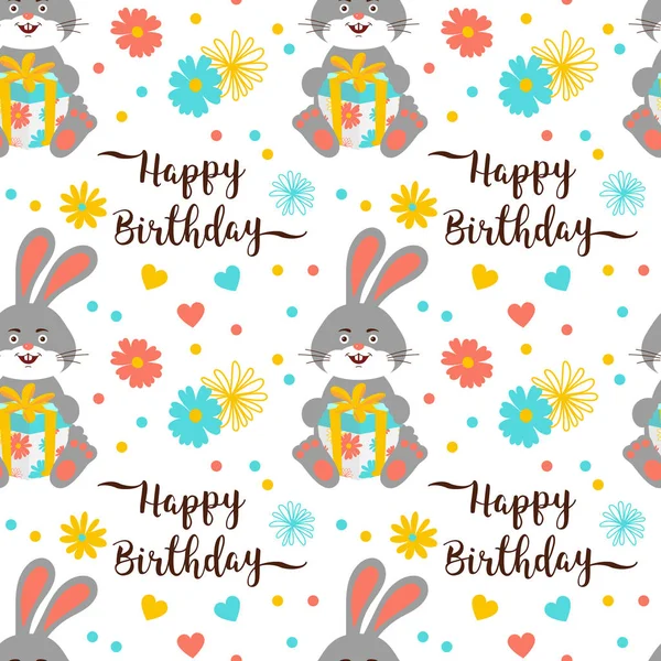 Happy Birthday pattern seamless, Trendy birthday lettering and cartoon bunny with gift. Cute rabbits and flowers. Happy hares wallpaper on white background. Vector pattern