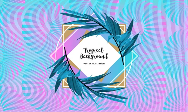 Luxury Holographic neon background. Tropical leaves, Gold geometric frame. Iridescent soft backdrop. Futuristic shape geometric pattern. Vector Eps10