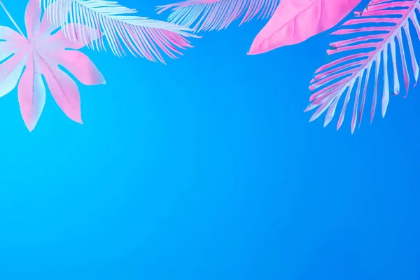 Minimal surrealism summer background with tropical and palm leaves in vibrant bold gradient holographic neon colors, Concept art