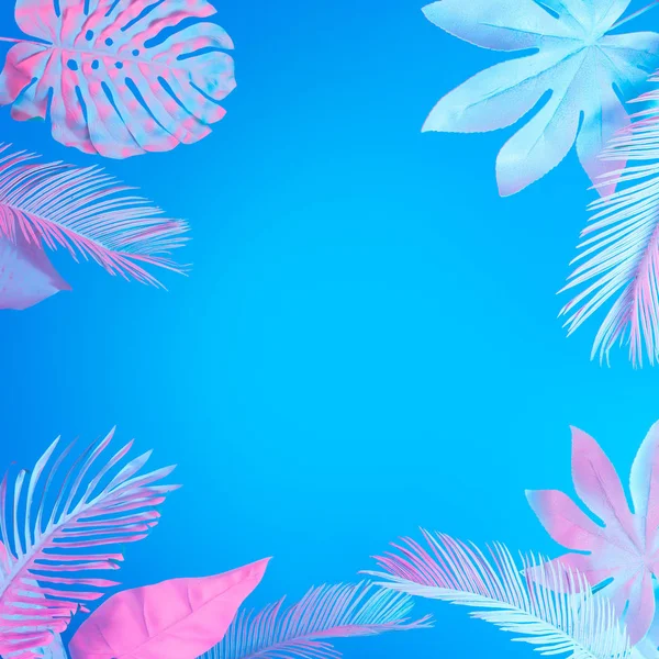 Surrealismo Mínimo Fundo Verão Com Folhas Tropicais Palma Cores Neon — Fotografia de Stock