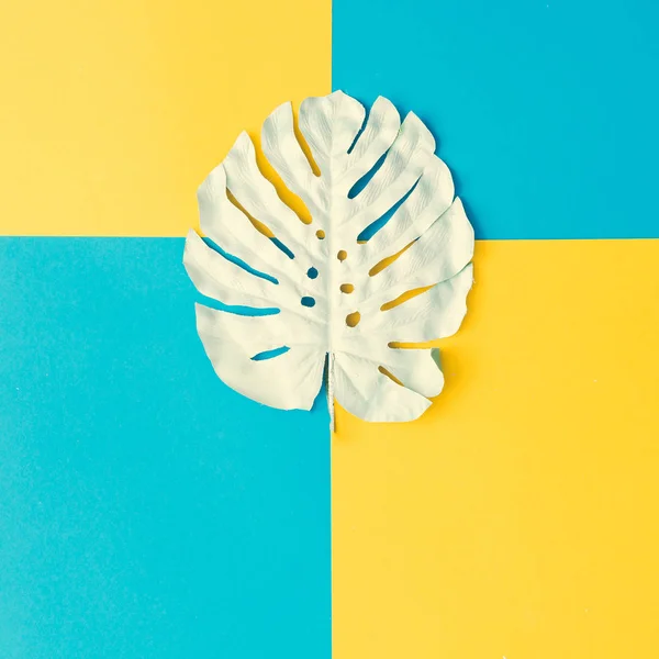 Pomalowane Biało Tropikalny Liść Żółte Niebieskie Tło Koncepcja Sztuki — Zdjęcie stockowe