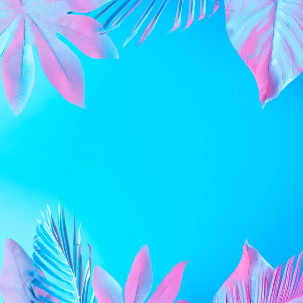 Minimal surrealism summer background with tropical and palm leaves in vibrant bold gradient holographic neon colors, Concept art